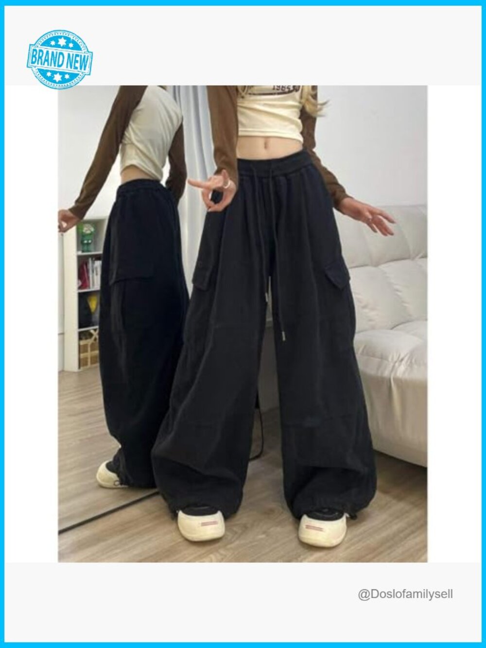 Baggy Cargo Pants Wide Leg Sweatpants Y2k Drawstring High Waisted Trendy - Picture 2 of 5